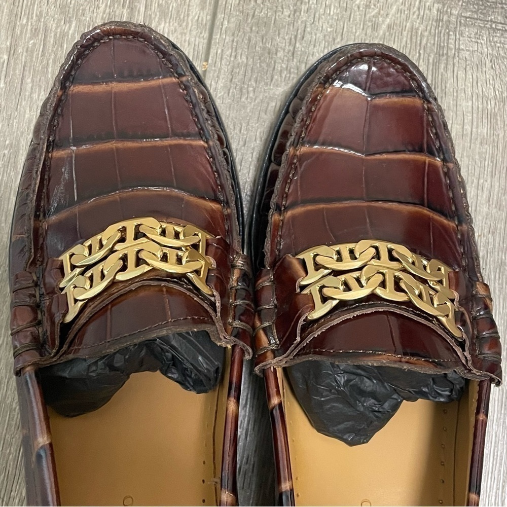 Sandro Brown Leather Croc Embossed Loafers Gold Chain Womens Size 37 US 6.5 NEW - Picture 9 of 11